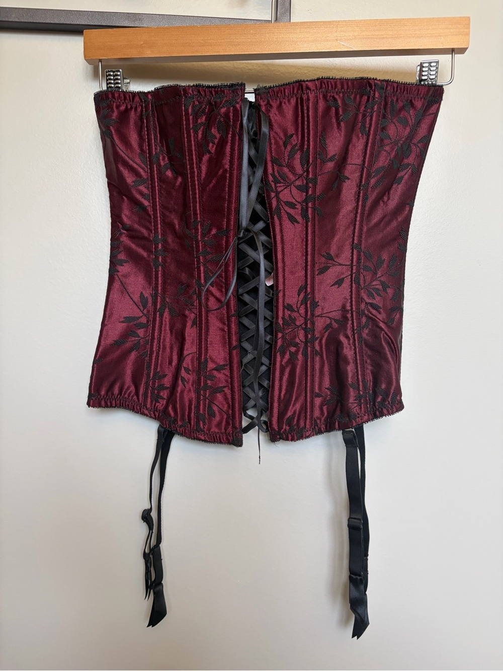 Victoria's Secret Burgundy and Black Floral Lace-Up Corset